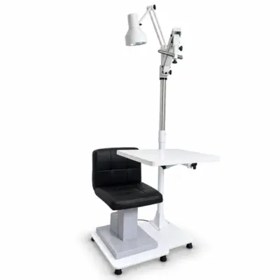 Coluna oftalmica com mesa, cadeira compacta, braço para refrator de greens e luminária