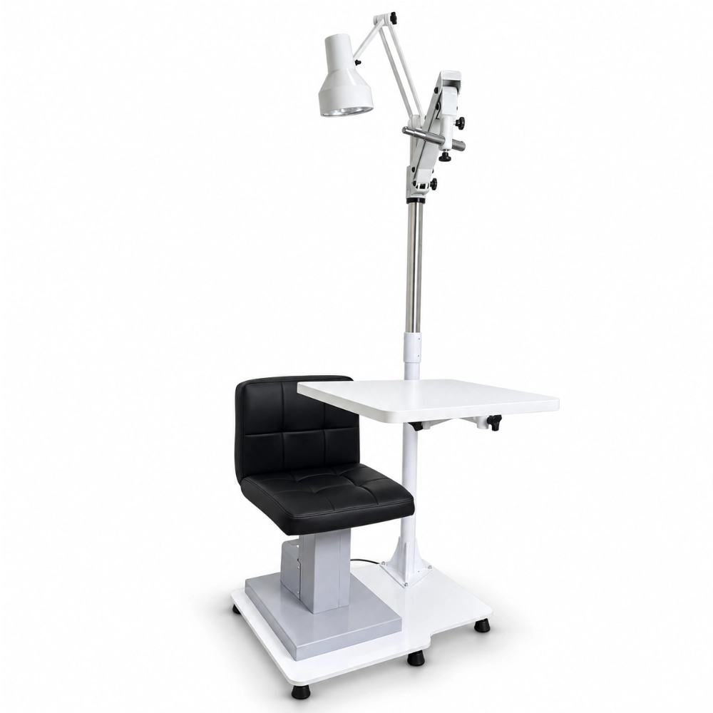 Coluna oftalmica com mesa, cadeira compacta, braço para refrator de greens e luminária
